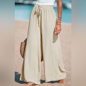 Cupshe Boho Beachy  Cream Wide-Leg Elastic Waist Pants Size M